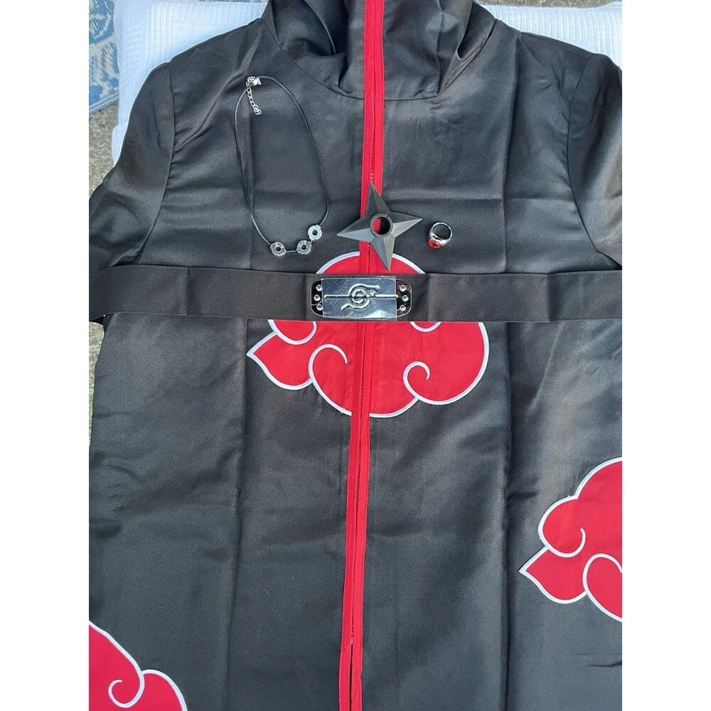 Naruto Akatsuki Cosplay Costume Set Adult Large Cloak Ring Headband Shuriken